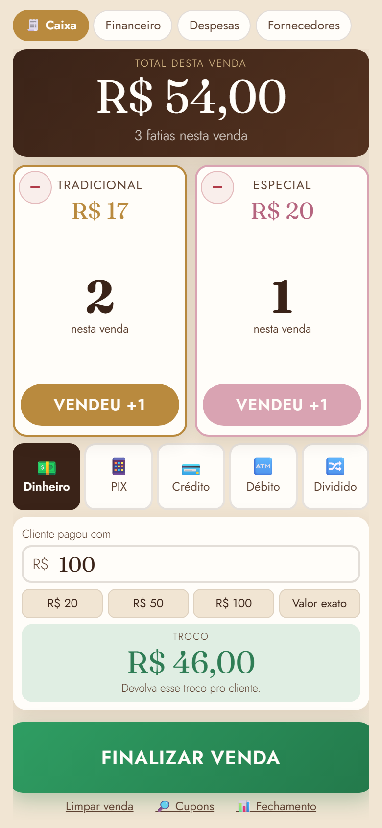 Tela do caixa: botões grandes de fatia R$ 17 e R$ 20, total de R$ 54 e troco de R$ 46